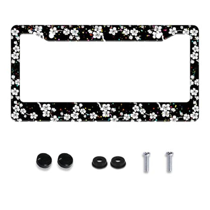 White Cherry Blossoms License Plate Frame Stainless Steel with Screws