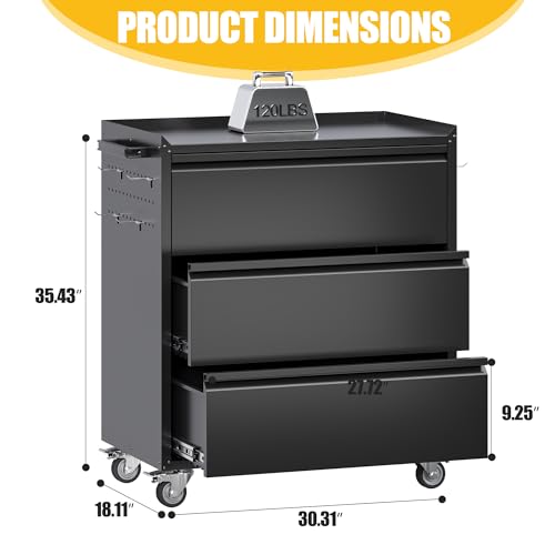 35.5" Rolling Tool Cabinet with 3 Drawers and Side Pegboards