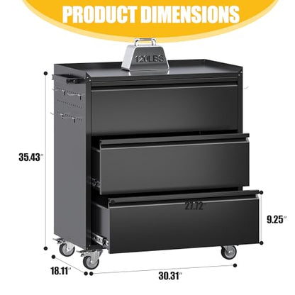 35.5" Rolling Tool Cabinet with 3 Drawers and Side Pegboards