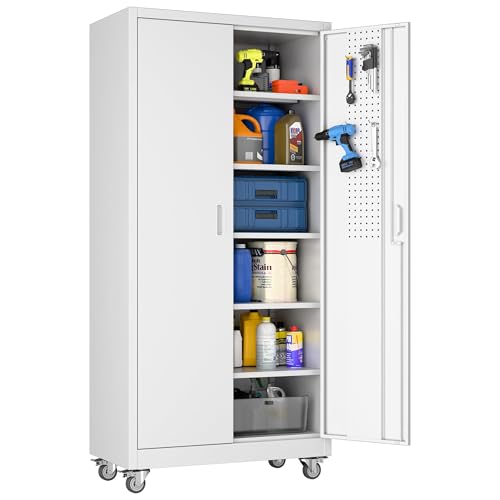 71" White Metal Storage Cabinet with Wheels