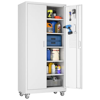 71" White Metal Storage Cabinet with Wheels