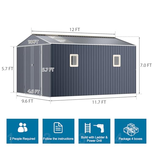 10x12 FT Outdoor Metal Storage Shed with Unique Base Sunroof Window Lockable Door Vent