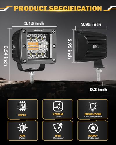 3 Inch LED Pod 6 Modes Amber White 72W Combo Beam Offroad Light Bar (2 Count)