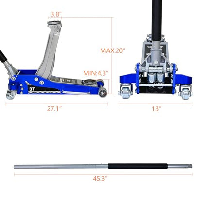 6600lbs 3Ton Aluminum Steel Floor Jack Dual Piston Hydraulic Car Jack