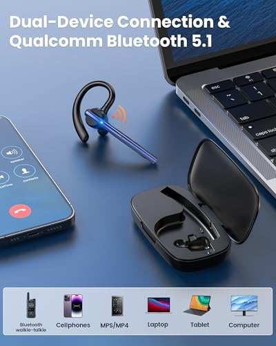 Bluetooth Headset V5.1 72H Talk Time Dual Mic with Mute Button for Business