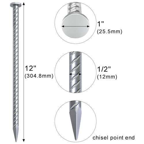 Rebar Stakes 12 Inch Galvanized Metal Steel Ground Spikes Heavy Duty (16 Count)