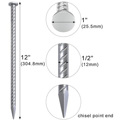 Rebar Stakes 12 Inch Galvanized Metal Steel Ground Spikes Heavy Duty (16 Count)