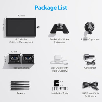 Magnetic Solar Wireless Backup Camera HD 1080P DVR 10.1" Touchscreen Monitor