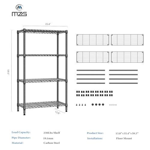 1000 lbs 4 Tier Shelf Metal Storage Shelves Shelving Wire Rack Heavy Duty Closet Organizers for Garage Kitchen Bathroom Laundry Black 13.8" D x 35.4" W x 59.5" H (4 Count)