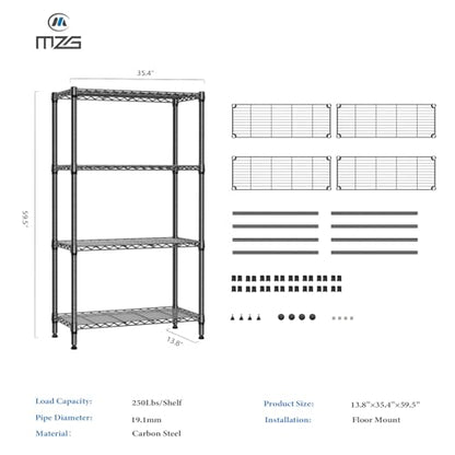 1000 lbs 4 Tier Shelf Metal Storage Shelves Shelving Wire Rack Heavy Duty Closet Organizers for Garage Kitchen Bathroom Laundry Black 13.8" D x 35.4" W x 59.5" H (4 Count)