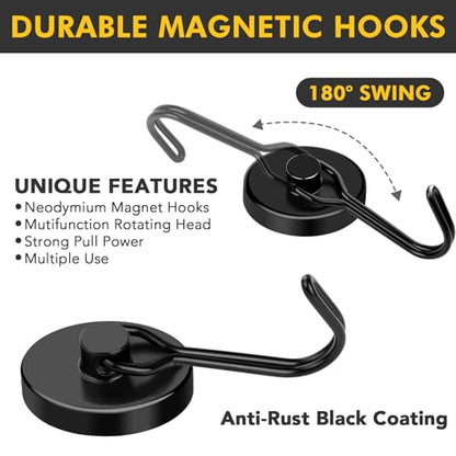 Black Magnetic Hooks Heavy Duty 80LB+ Swivel Strong Magnet Hook (4 Count)