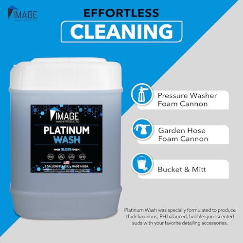Image Wash (5-Gallon) Platinum Wash Car Soap Concentrated pH-Neutral Foam Soap for Foam Cannon & Bucket wipe Safe for Wax Ceramic Coatings High Lubricity Biodegradable Formula with Bubble Gum Scent (640 Fl Oz)