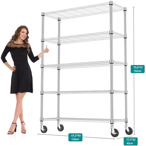 1750LBS 47.2" W 5 Tiers Storage Shelves Metal Shelving Unit with Wheels Heavy Duty Garage Shelving Adjustable Wire Shelves for Pantry