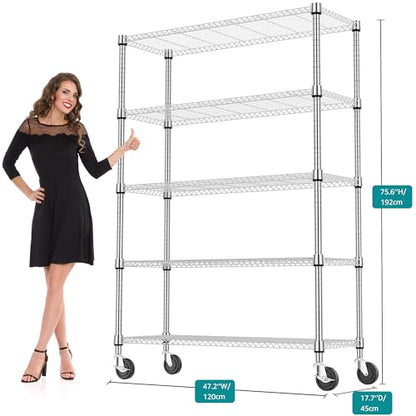 1750LBS 47.2" W 5 Tiers Storage Shelves Metal Shelving Unit with Wheels Heavy Duty Garage Shelving Adjustable Wire Shelves for Pantry