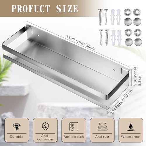 2 Pieces Stainless Steel Shelf Bathroom Shower Floating Shelves Wall Mounted Shower Caddy Basket Shelf Storage Organizer Shelves for Bathroom (2 Count)