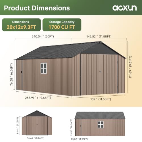 12x20x9.3FT Metal Storage Shed Outdoor Large Garage Shed Garden Tool