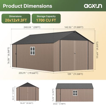 12x20x9.3FT Metal Storage Shed Outdoor Large Garage Shed Garden Tool