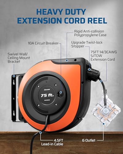6 Grounded Outlets Retractable Extension Cord Reel (75 Count)