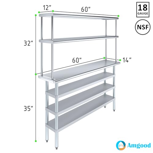 14" x 60" Stainless Steel Work Table with 3 Shelves and 12" Wide Double Tier Overshelf