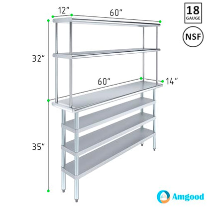 14" x 60" Stainless Steel Work Table with 3 Shelves and 12" Wide Double Tier Overshelf
