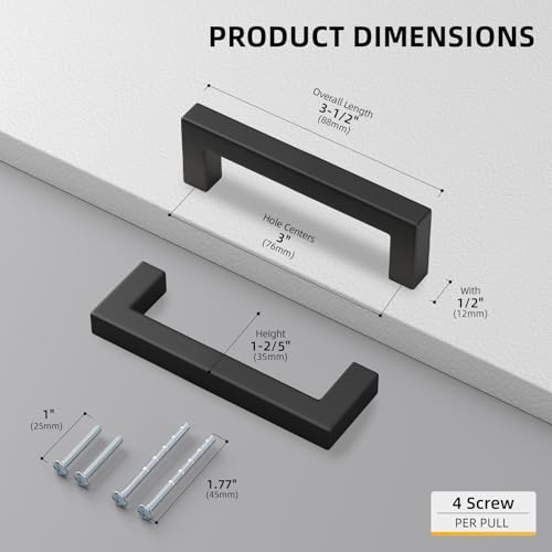 2 Pack 3 Inch Black Kitchen Cabinet Handles Square Drawer Pulls (2 Count )
