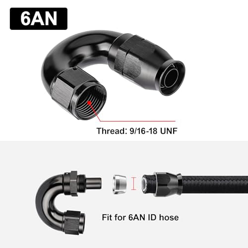 6AN 180 Degree PTFE One Piece Full Flow End Hose Fitting Aluminum Black