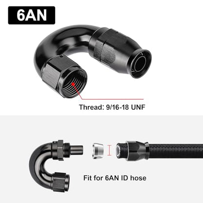 6AN 180 Degree PTFE One Piece Full Flow End Hose Fitting Aluminum Black
