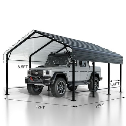 JY QAQA 12 x 15 FT Metal Carport Kits with Galvanized Steel Roof