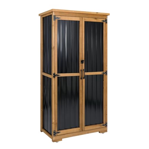 Outdoor Storage Cabinet Wood & Metal with Waterproof Roof