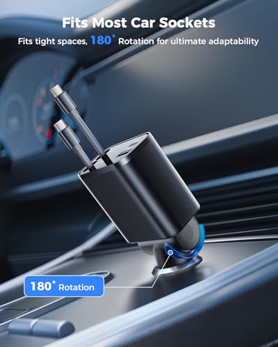 Smaller 4 in 1 Retractable Car Charger with Dual Type C Cords