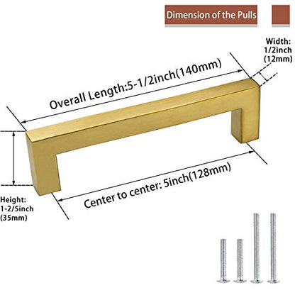20 Pack 5 Inch Gold Cabinet Handles Brushed Brass Drawer Pulls