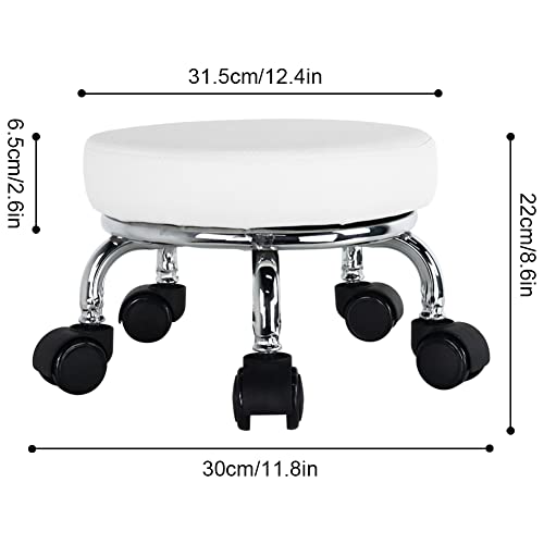 Modern Roller Seat PU Leather Low Round Rolling Stool 360° Swivel Small Seat with Universal Wheels Foot Stool for Home Office Garage Shop Fitness Sport H：8.6" （White）