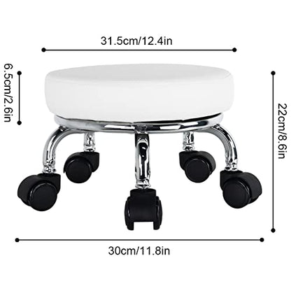 Modern Roller Seat PU Leather Low Round Rolling Stool 360° Swivel Small Seat with Universal Wheels Foot Stool for Home Office Garage Shop Fitness Sport H：8.6" （White）