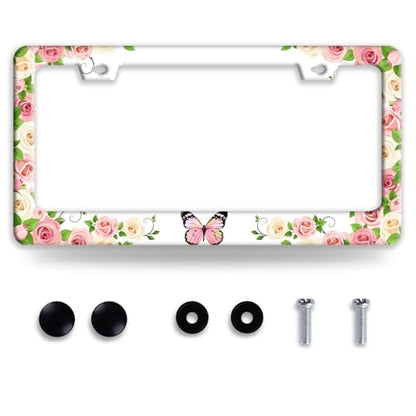 Pink Butterfly License Plate Frame Stainless Steel Flowers License Holder