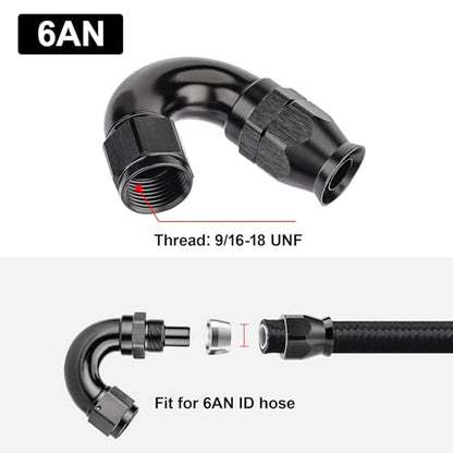 6AN 150 Degree PTFE One Piece Full Flow End Hose Fitting Aluminum Black