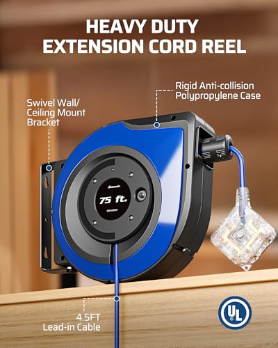 6 Grounded Outlets Retractable Extension Cord Reel