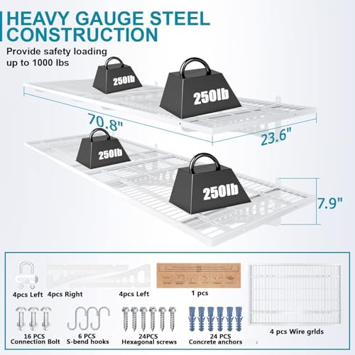 4-Pack 2×3ft(24×36 inch) Garage Wall Shelving, 1000 lbs Load Capacity, Garage Wall Mounted Shelves, Heavy Duty Shelf with Hooks, White