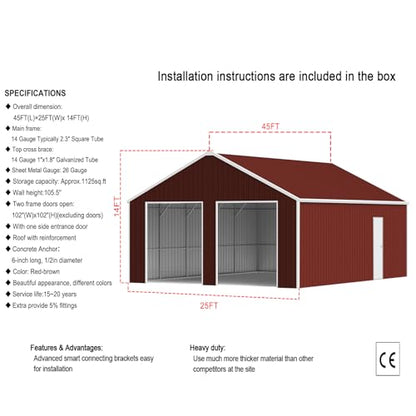 45FT x 25FT Metal Garage Barn Shed