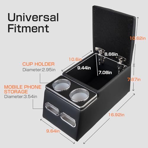Center Console Organizer with Cup Holder& Phone Holder for Car & Van & Truck Floor Cab Back Bench Seat Armrest Middle Storage Box