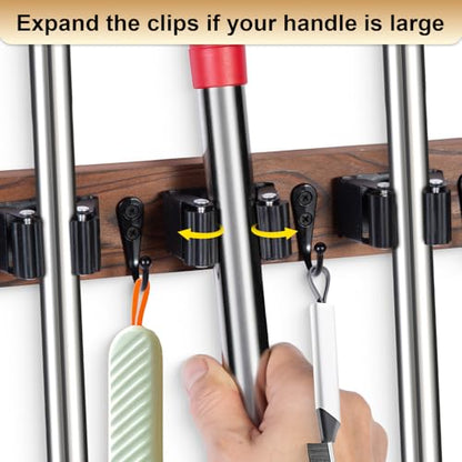 Broom Holder Wall Mount With 5 Slots & 4 Hooks