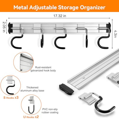 69'' Aluminum Alloy Garden Tool Organizer Wall Mount Garage Organizers and Storage with Hooks Tool Hangers for Shed Hooks for Shovel