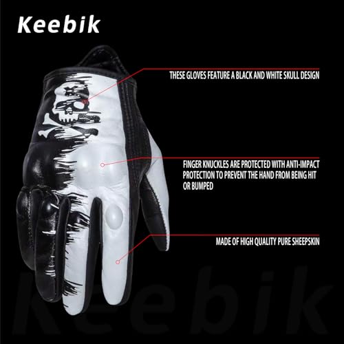 Goatskin Leather Motorcycle Motorbike Powersports Racing Gloves Reflective Skull Touchscreen for Men and Women Model