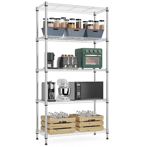 1250 lbs 5 Tier Shelf Metal Storage Shelves Wire Rack Closet Organizers with Wheel for Garage Kitchen Bathroom Laundry Chrome 13.7" D x 23.6" W x 62.4" H (5 Count)