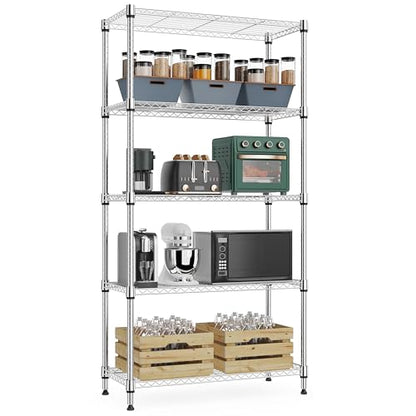 1250 lbs 5 Tier Shelf Metal Storage Shelves Wire Rack Closet Organizers with Wheel for Garage Kitchen Bathroom Laundry Chrome 13.7" D x 23.6" W x 62.4" H (5 Count)