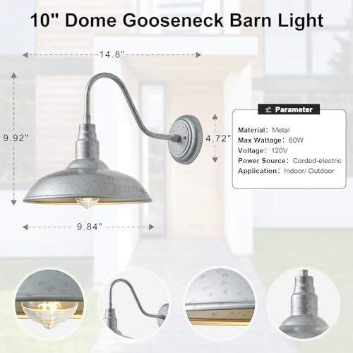 10in Outdoor Gooseneck Barn Light Silver Gray Exterior Barn Wall Sconce Farmhouse Style Outdoor Porch Wall Mount Light Brushed Silver Outside Gooseneck Lighting for Patio