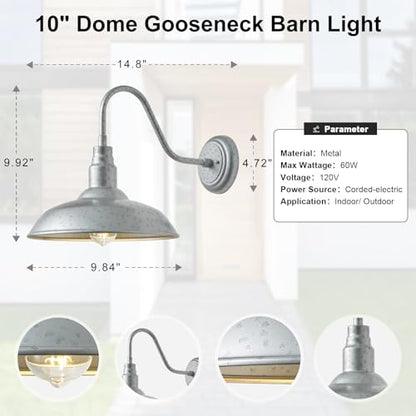 10in Outdoor Gooseneck Barn Light Silver Gray Exterior Barn Wall Sconce Farmhouse Style Outdoor Porch Wall Mount Light Brushed Silver Outside Gooseneck Lighting for Patio