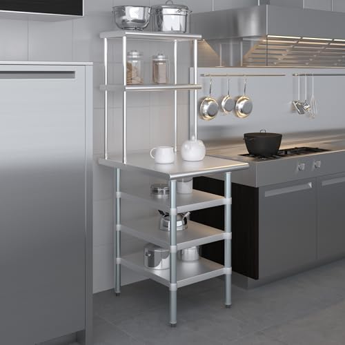30" x 24" Stainless Steel Work Table with 3 Shelves and 12" Wide Double Tier Overshelf