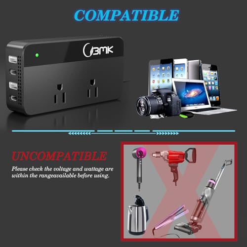 200W Car Power Inverter 12V DC to 110V AC Converter with 2 AC Outlets & 4 USB Ports