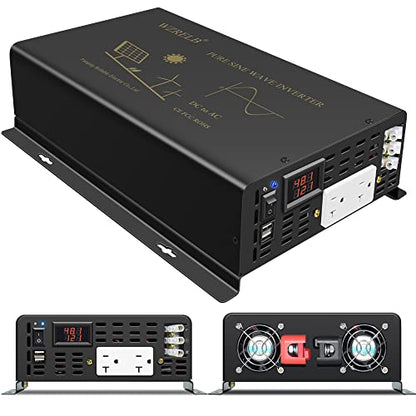 3000W Pure Sine Wave Power Inverter 48VDC to 120VAC 6000W Peak Dual AC Outlets 2× 2.4A USB Port &Hardwire Terminal Off