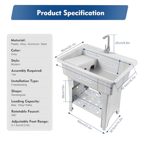 Freestanding Utility Sink Plastic Laundry Tub Spacious Sink with Storage Shelf Indoor Outdoor Wash Station for Bathroom Washing Room